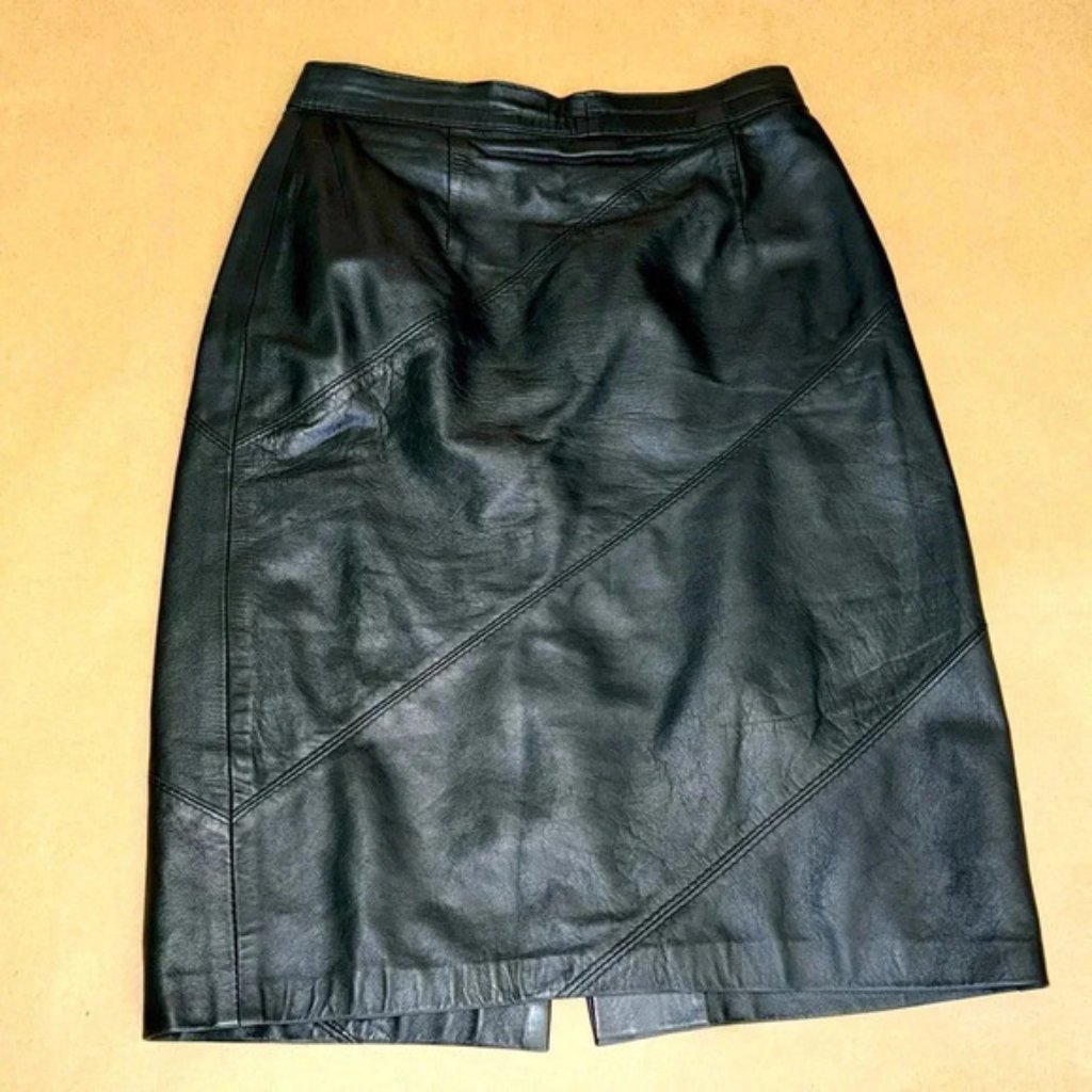 Handmade Vintage Black Leather Midi Skirt